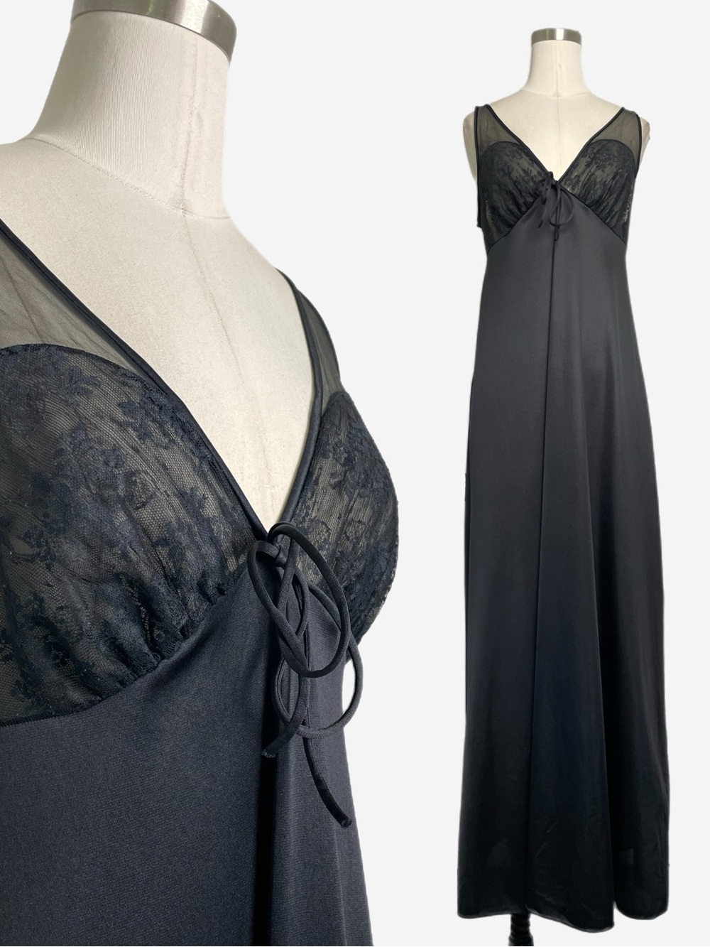 Vintage JC Penny black nylon lace sheer tie back slip maxi nightgown romantic S